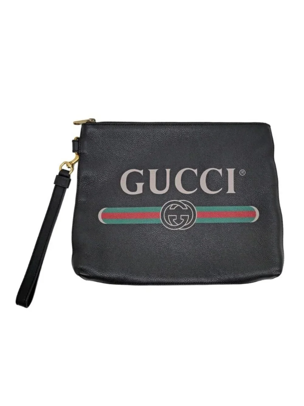 Gucci Logo Print Clutch Black Gold Leather